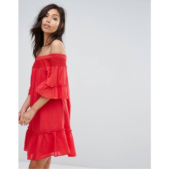 VERO MODA Sz S Off Shoulder Coral Cotton Crinkle Mini Dress - Picture 16 of 16